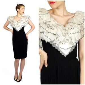 NWT Deadstock Vintage 60s/70s Black & White Dramatic Ruffle Wiggle Dress | S